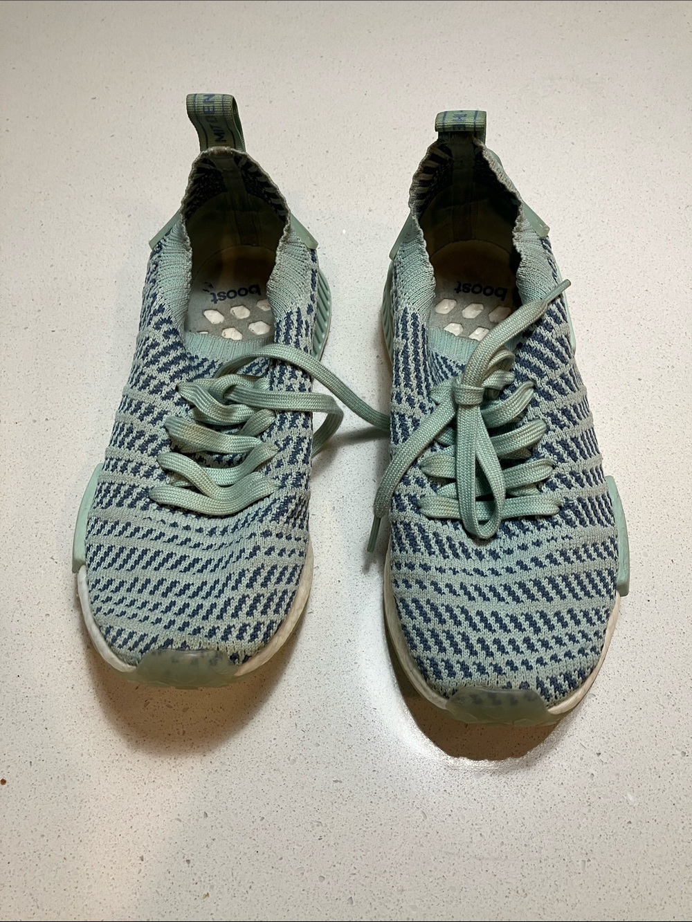 adidas Boost Woman’s Mint Green and Navy Primeknit Athletic Shoes